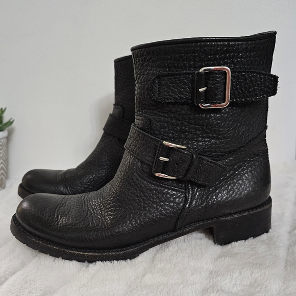 Gravati Black Luxury Italian Pebbled Leather Double Buckle Strap Moto Style Boot - Picture 2 of 16